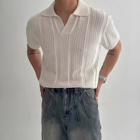 Men'S Summer Korean Style Lightweight Knitshort Sleevespolo Shirt Hollow Mesh Texture Knitwear T-Shirt Top Body Shirt