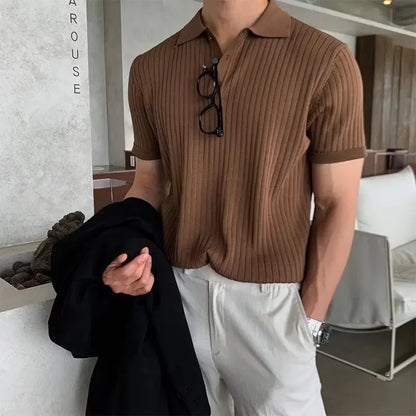 New Style Polo Short Sleeve Knit Lapel T-Shirt Men American Vintage Summer Thin Trendy Korean Version Stripe T-Shirt