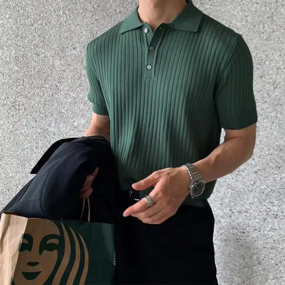 New Style Polo Short Sleeve Knit Lapel T-Shirt Men American Vintage Summer Thin Trendy Korean Version Stripe T-Shirt